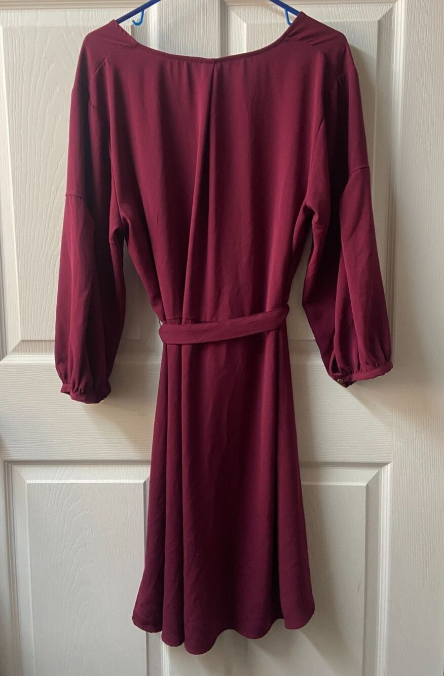 A New Day Dress Womens Plus XXL Burgundy Knee Length V Neck Bishop Sleeves Tie - Picture 2 of 9